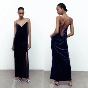 Elegant Navy Blue Velvet Maxi Slip Dress Criss Cross Tie Open Cowl Back